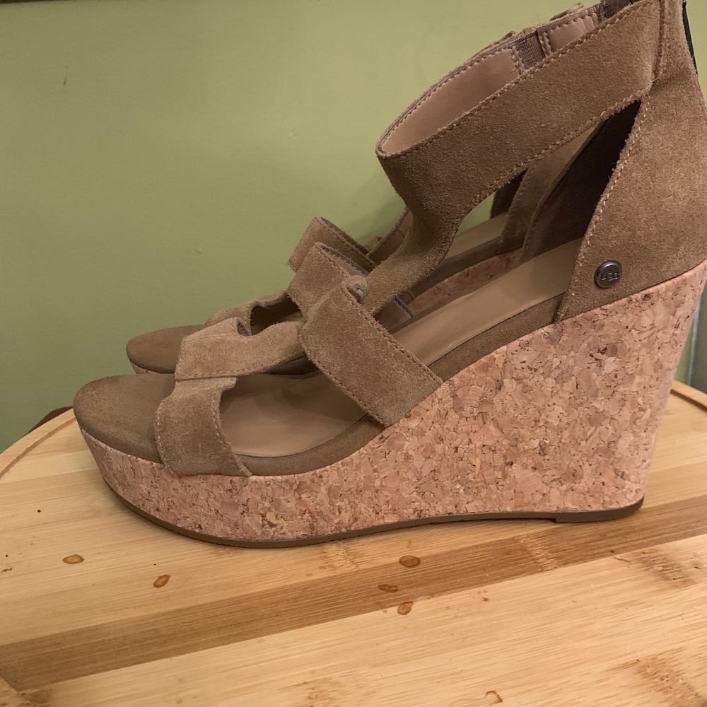 UGG Wedge Sandals Womens 8.5 Chestnut Whitney Suede Cork Platform Strappy Heel - Picture 5 of 8